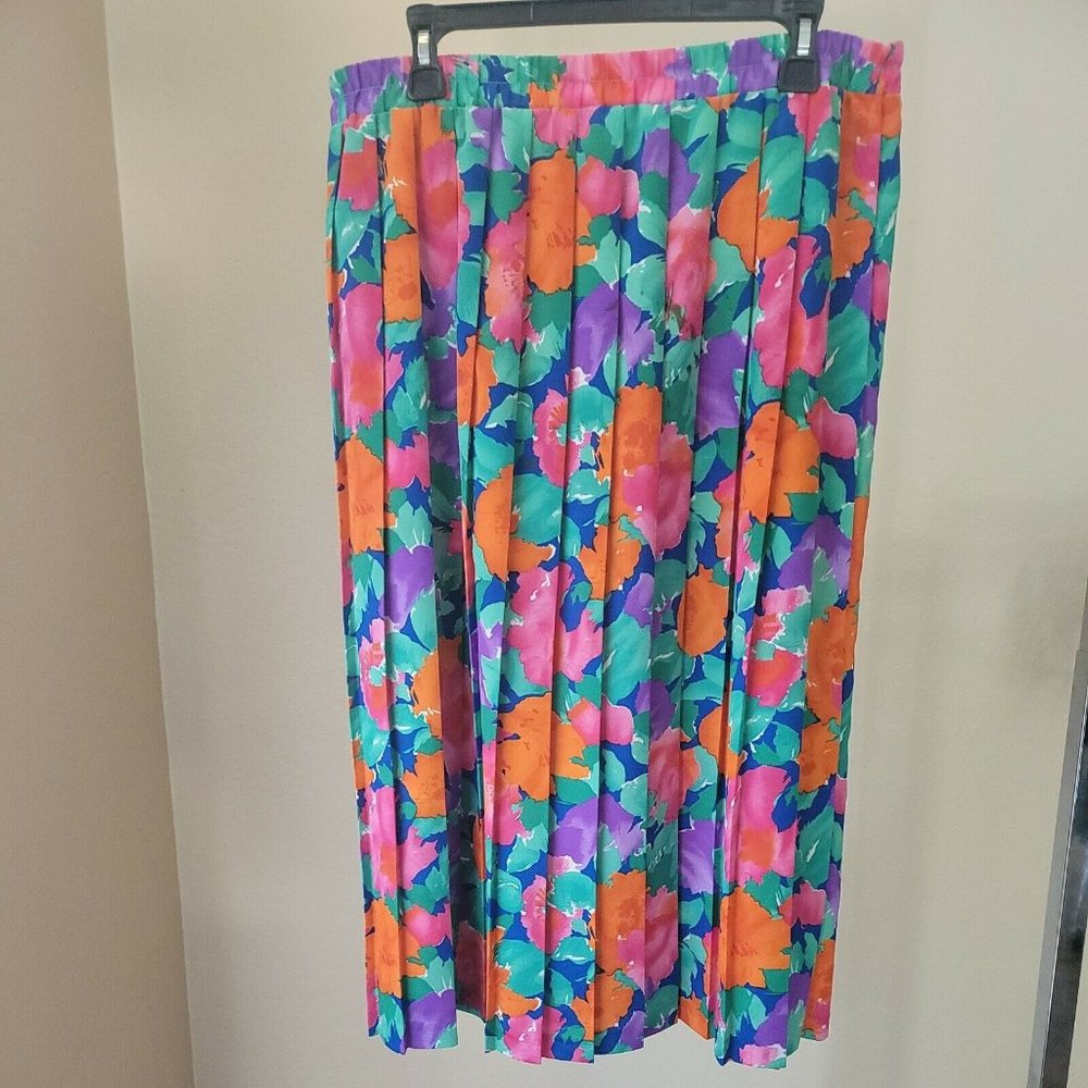 Vintage Leslie Fay Pleated Neon Floral ALine Skirt
